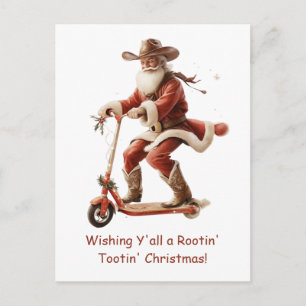 Postal Cowboy Santa en Scooter Saludo de Navidad