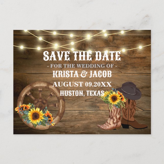 Postal Cowboy Sunflower Western Wedding Salva la fecha (Anverso)
