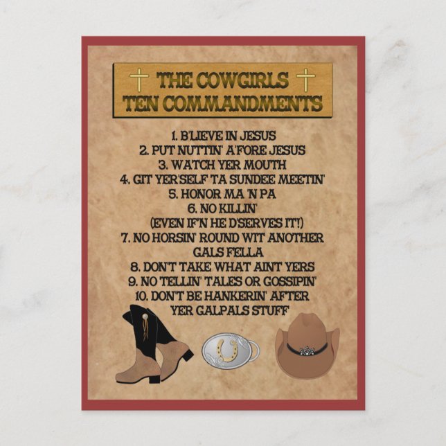 Postal Cowgirl 10 Mandamientos POSTCARD (Anverso)