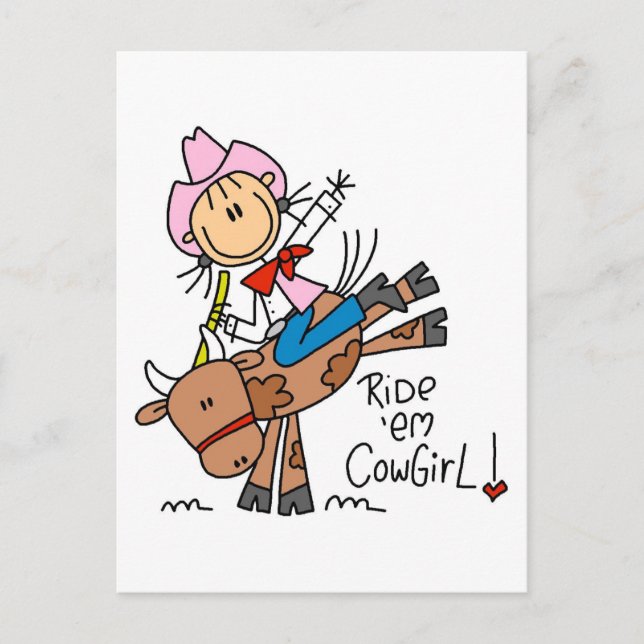Postal Cowgirl Riding Bull Tshirts y regalos (Anverso)