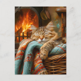 Postal Cozy Cat Sleeping in Basket by Warm Fireplace
