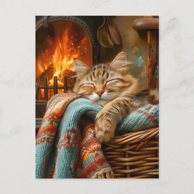 Postal Cozy Cat Sleeping in Basket by Warm Fireplace (Anverso)