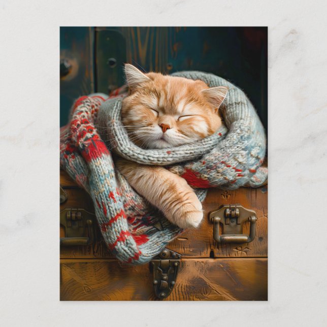 Postal Cozy Cat Sleeping on a wooden box (Anverso)