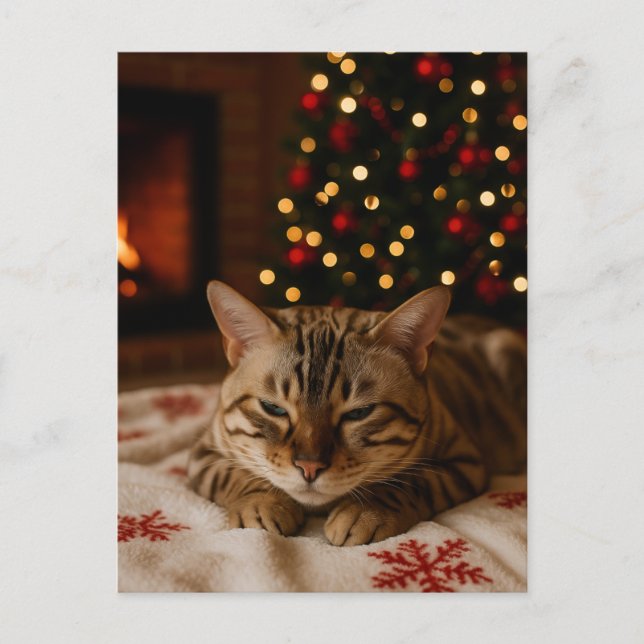 Postal Cozy Christmas Cat Postcard Bengal Cat Fireplace (Anverso)