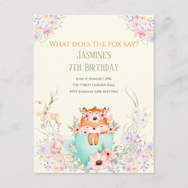Postal Cozy Fox Forest Magical Floral Birthday Invitation (Anverso)
