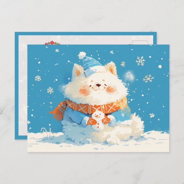Postal Cozy Samoyed Dog with Mini Snowman (Anverso / Reverso)