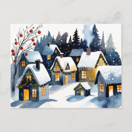 Postal Cozy Winter Village Watercolor Christmas Postcard