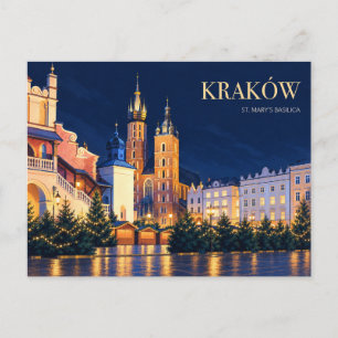Postal Cracovia de Noche Basílica de Santa María