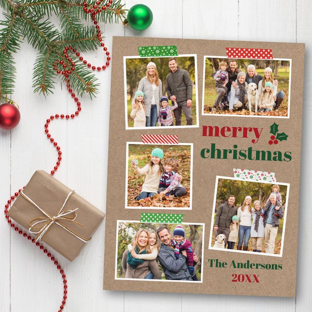 Postal Craft Tape Holly Merry Christmas 5 Photo Kraft (Customize to change your personalized text size or text style.)