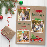 Postal Craft Tape Red Truck Holiday Kraft<br><div class="desc">Happy Holidays 3 Collage de fotos Holiday Postcard incluye Craft Tape y Watercolor Vintage Red Truck con Árbol de Navidad. Rústico Papel Kraft.</div>