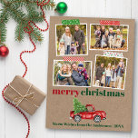 Postal Craft Tape Red Truck Navidades Kraft Photo<br><div class="desc">La postal navideña navidad 4 Collage de fotos incluye Craft Tape y Watercolor Vintage Red Truck con Árbol de Navidad. Rústico Papel Kraft.</div>