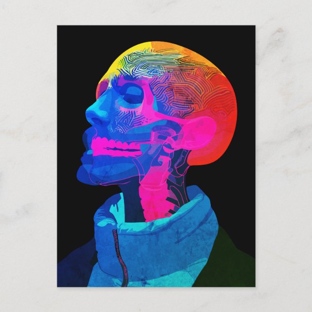 Postal Cráneo Cibernético – Arte de Anatomía Futurista (Anverso)