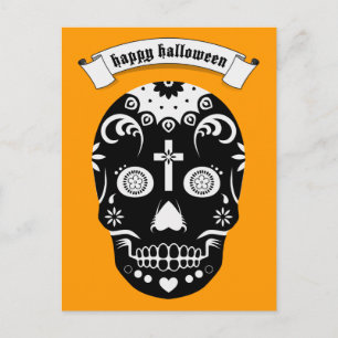 Postal cráneo de azúcar de halloween feliz