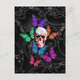 Postal Cráneo de la fantasía y mariposas coloreadas