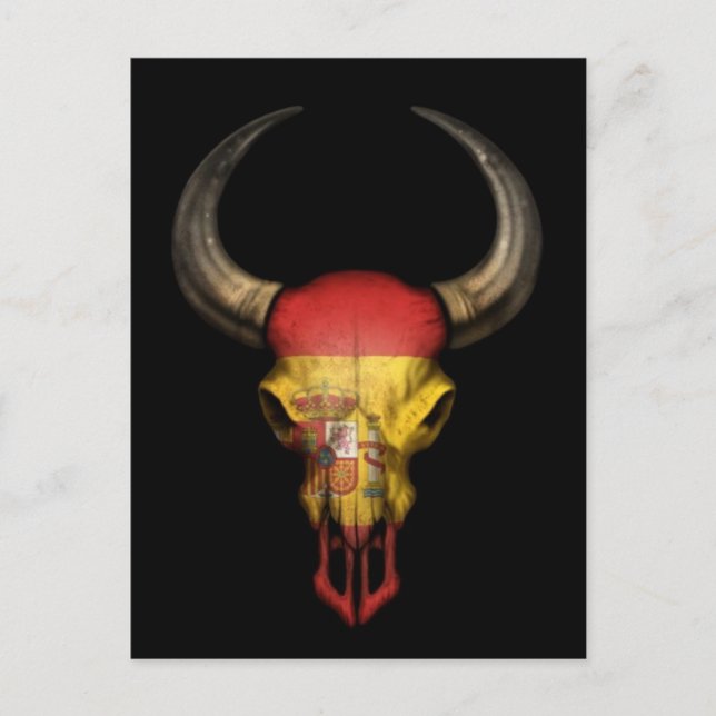 Postal Cráneo de toros de bandera española sobre negro (Anverso)