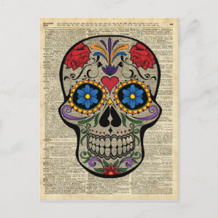 Postal Cráneo Feliz, Cráneo de Azúcar, Halloween, Arte Di