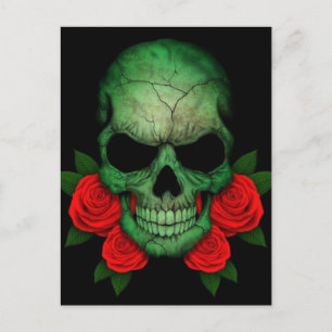 Postal Cráneo libio de bandera verde con rosas rojas