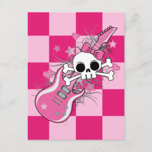Postal Cráneo lindo con guitarra rosa