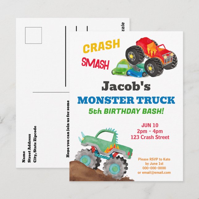 Postal Crash Smash Monster Camión Cumpleaños Bash Waterco (Anverso / Reverso)