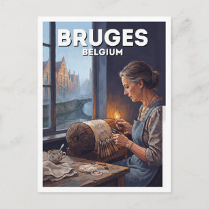 Postal Creadora de encaje en el canal de Brujas al amanec