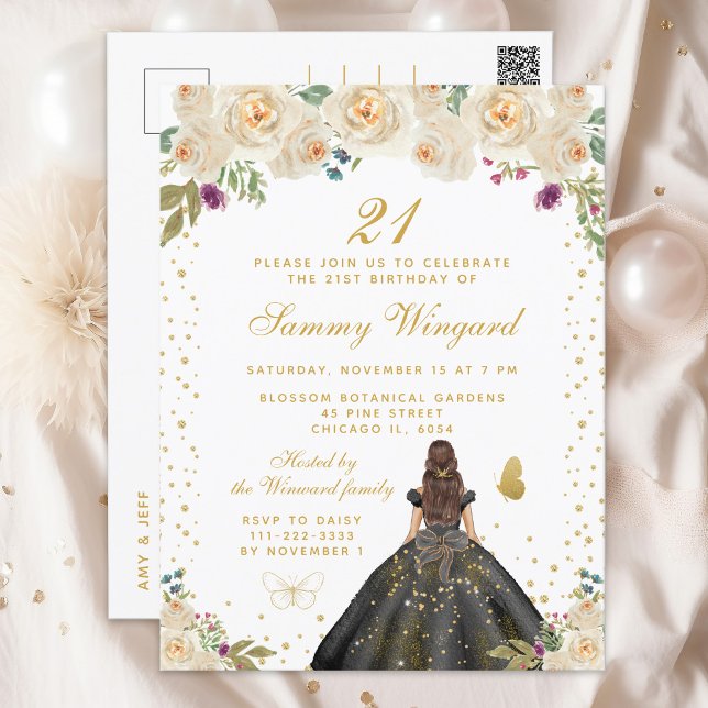 Postal Cream Floral Brunette Hair Princess Fiesta de cump (Subido por el creador)