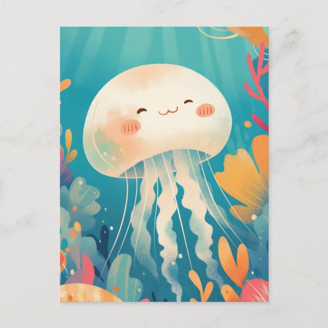 Postal Cream Jellyfish in Teal Tropical Coral Reef Ocean (Anverso)