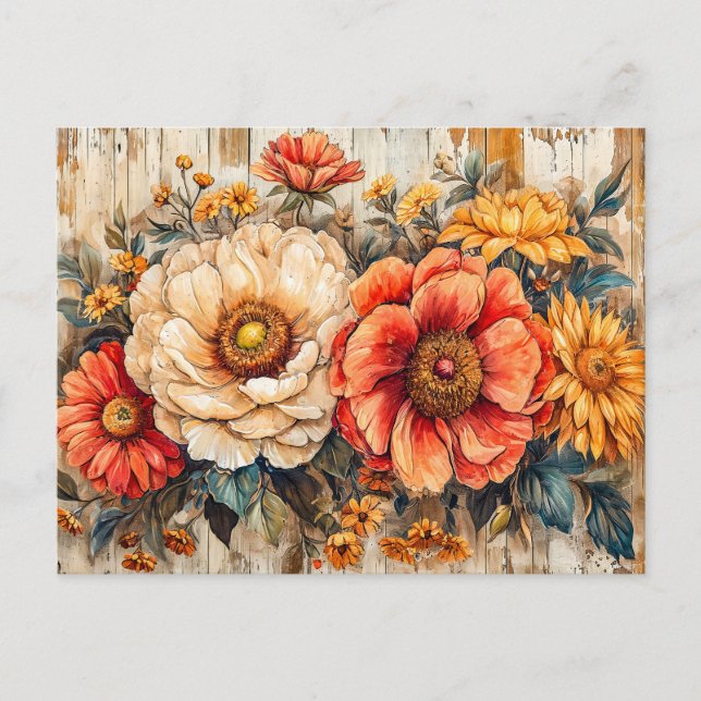 Postal Cream Peony and Orange Zinnia on Wood (Anverso)