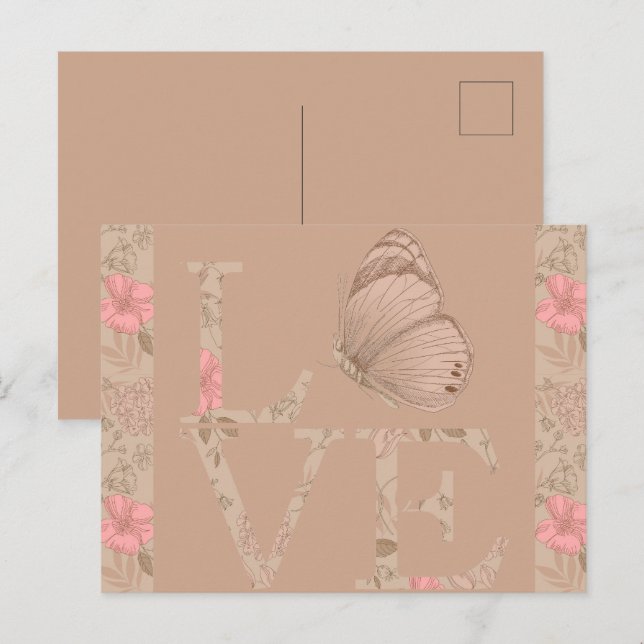 Postal Cream Pink Love Butterfly Floral (Anverso / Reverso)