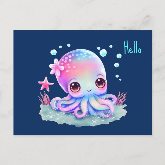 Postal Creatura marina de Octopus Cute Hello (Anverso)