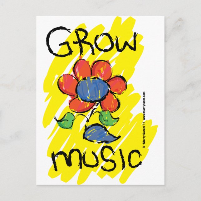 Postal Crecer Música. Diseño de flores musicales de Guay (Anverso)