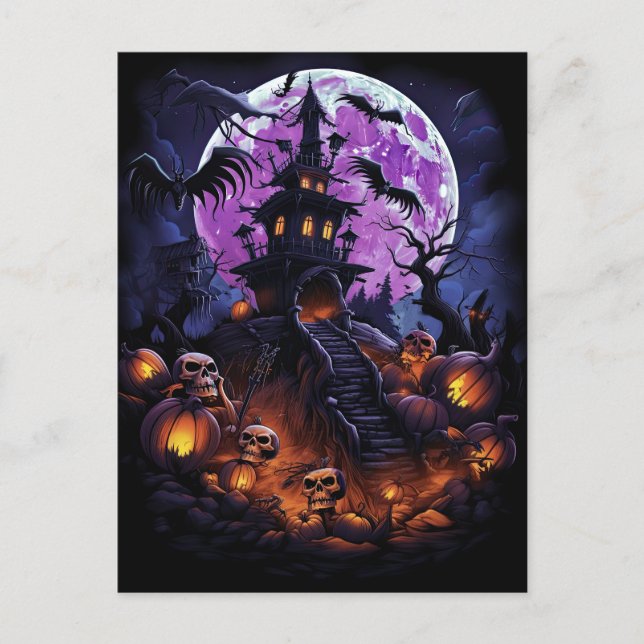Postal Creepy Haunted House Purple Halloween Party (Anverso)