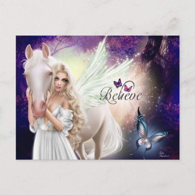 Postal Creer Fantasy Fairy Angel con caballo blanco (Anverso)