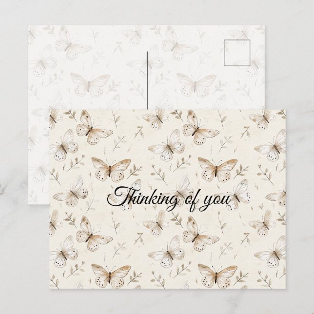 Postal Crema de moda mariposas pensando en ti (Anverso / Reverso)