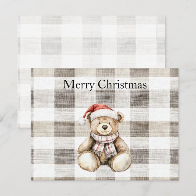 Postal Crema Orgánica Tan Navidades Teddy Bear Santa Hat (Anverso / Reverso)