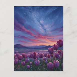 Postal Crepúsculo Estrellado Sobre Campo de Tulipanes Pur