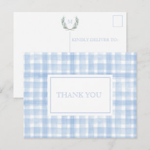 Postal Crestas de Laurel en Gingham Azul Gracias