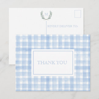 Postal Crestas de Laurel en Gingham Azul Gracias