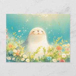 Postal Cría de foca alegre en prado luminoso