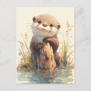Postal Cría de Nutria Esponjosa sobre Poste de Madera