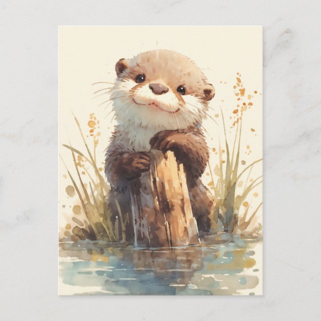 Postal Cría de Nutria Esponjosa sobre Poste de Madera (Anverso)