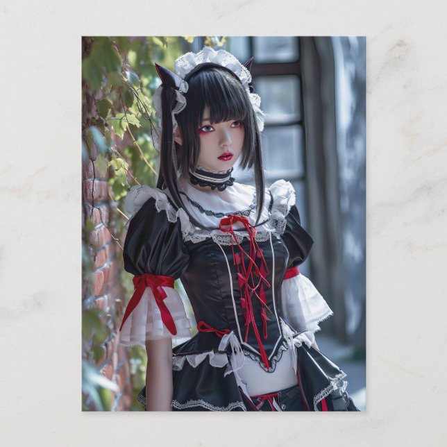 Postal Criada de Anime Elegante con Orejas de Gato (Anverso)