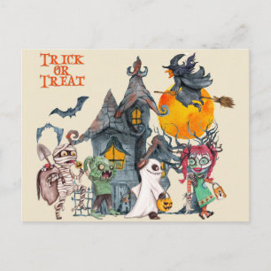 Postal Criaturas Divertidas de Halloween para Truco o Tra