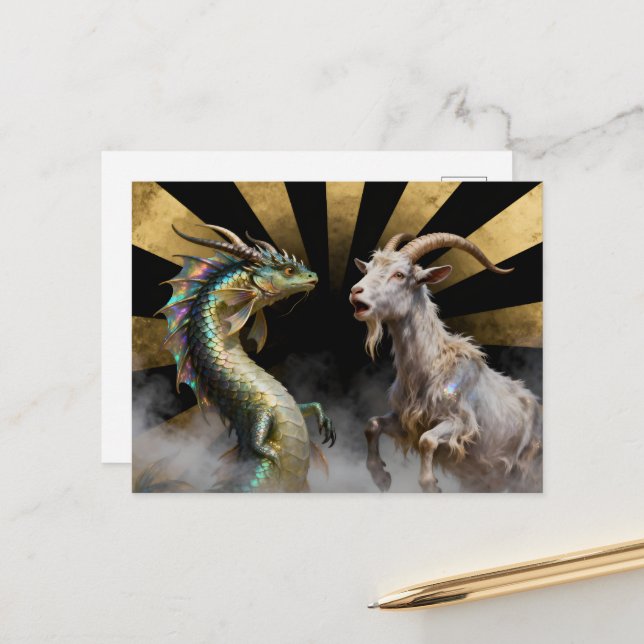 Postal Criaturas míticas de cabra-dragón sorprendidas (Anverso/Reverso In Situ)