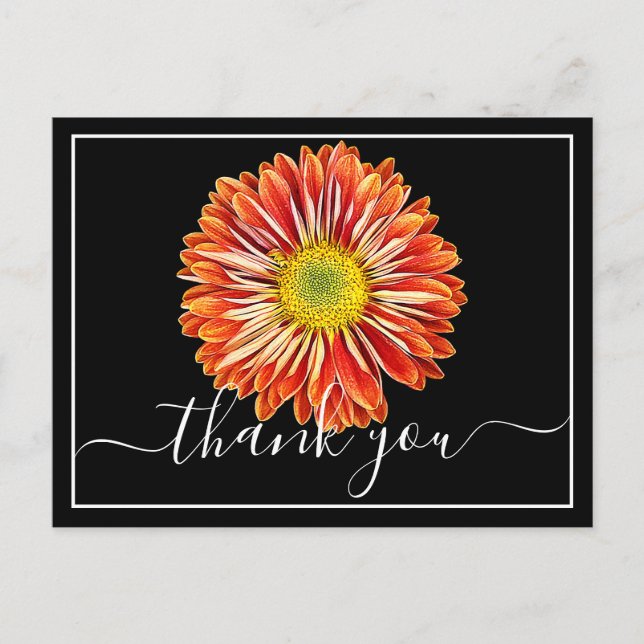 Postal Crisantemo Naranja Fondo Negro Gracias (Anverso)