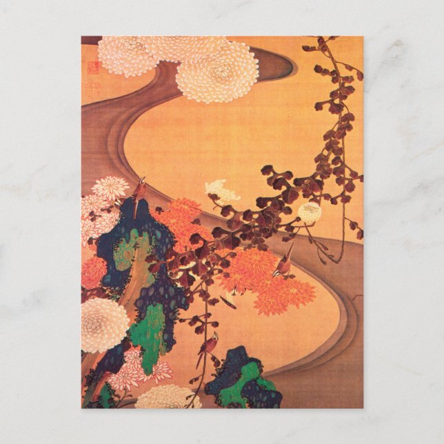 Postal Crisantemo por un arroyo con rocas (1760) (Anverso)
