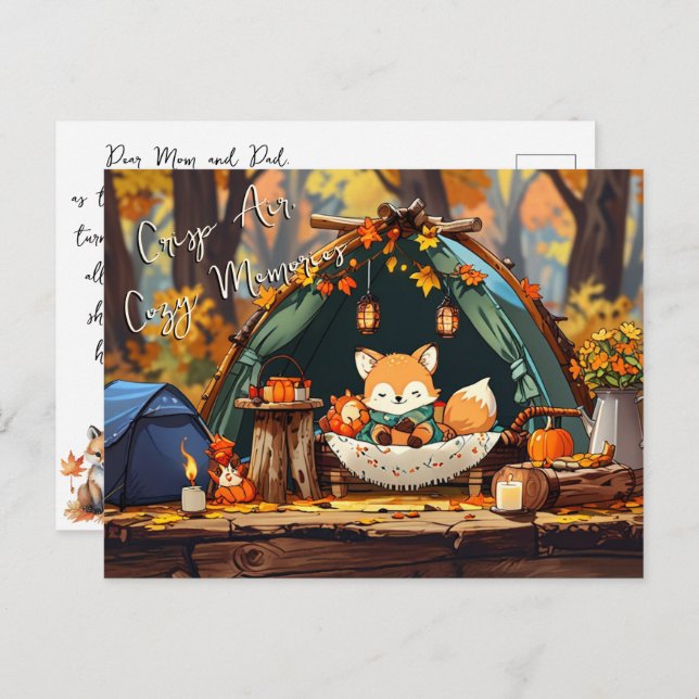 Postal Crisp Air Cosy Recuerdos otoño deja a Camping Fox (Anverso / Reverso)