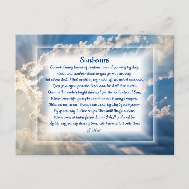 Postal cristiana de vacaciones con poema "Sunbeams (Anverso)