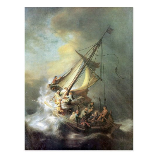 Postal Cristo en una tormenta en el mar de Galilea -