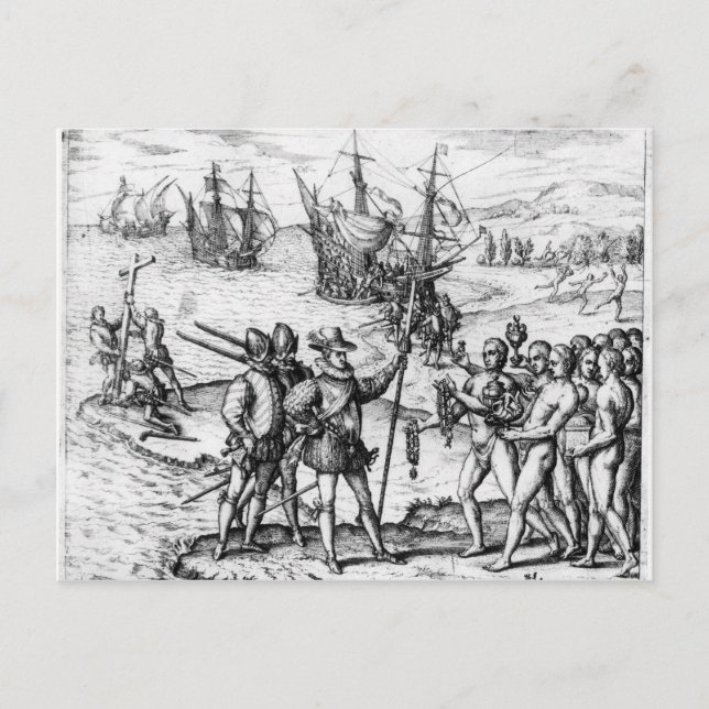 Postal Cristóbal Colón recibiendo regalos (Anverso)