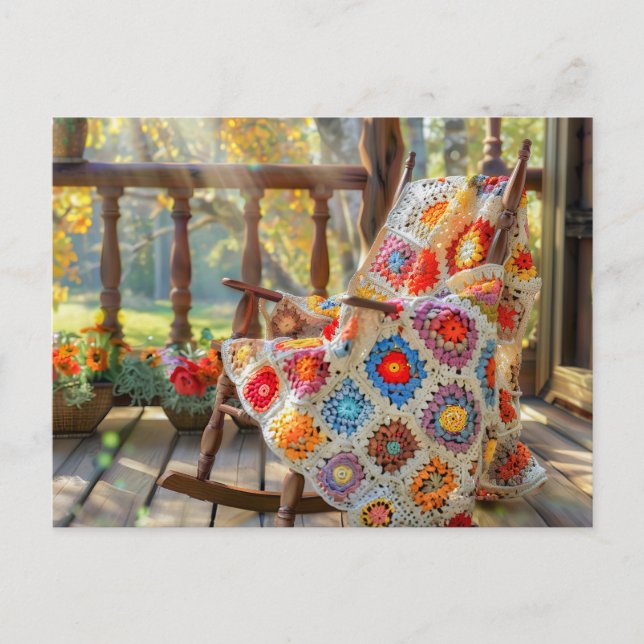 Postal Crochet Granny Square Blanket Lying on a Rocking C (Anverso)